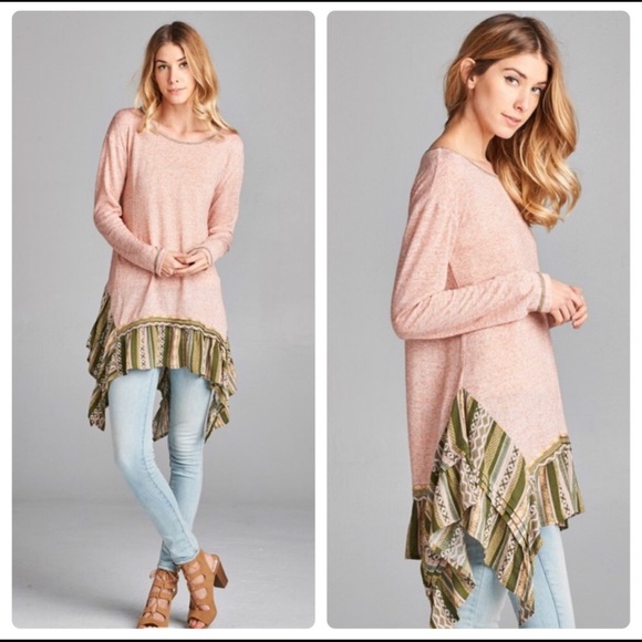 - Tops - BOHO CHIC / Tribal Shark bite hem pink comfy top S